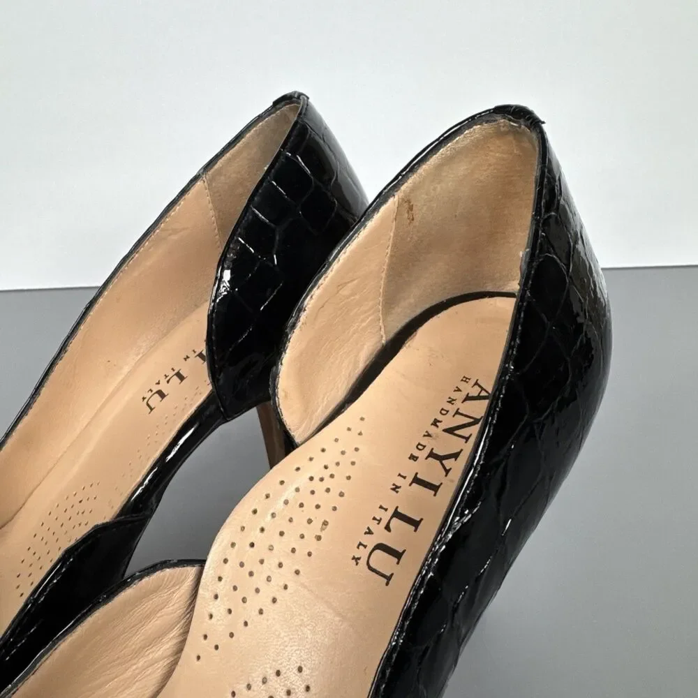Anyi Lu Handmade In Italy Patent Leather Snakeskin Black Peep Toe Heels Sz 37.5‎